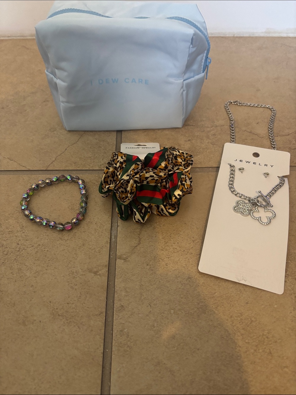 Bundle DEW CARE Cosmetic Bag  bracelet 2 scrunchies necklace and earrings